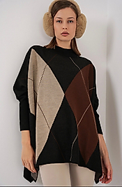 Oversize,Baklava Desen,Standart Beden Panço Kazak Siyah Krem