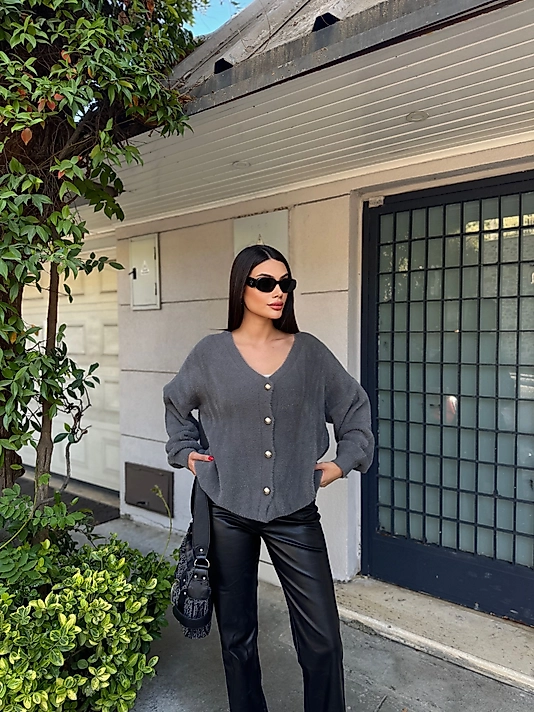 Oversize ,Yumuşak Standart Beden Gri Hırka