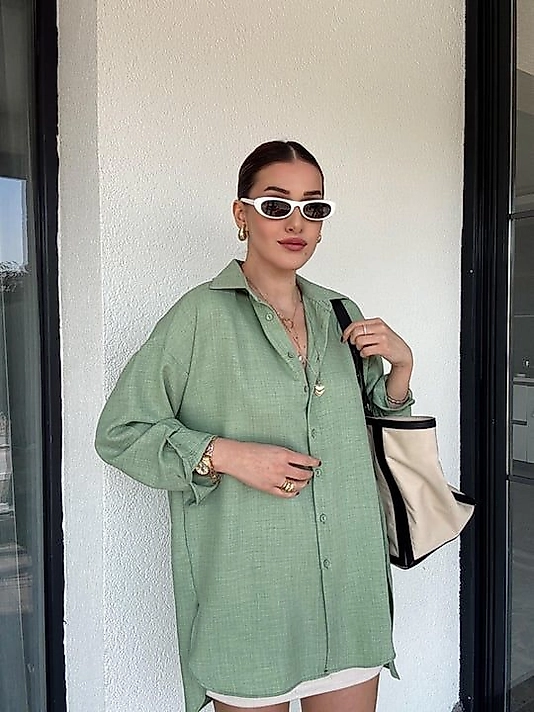 Oversize Geniş Kalıp Uzun Gömlek Yeşil