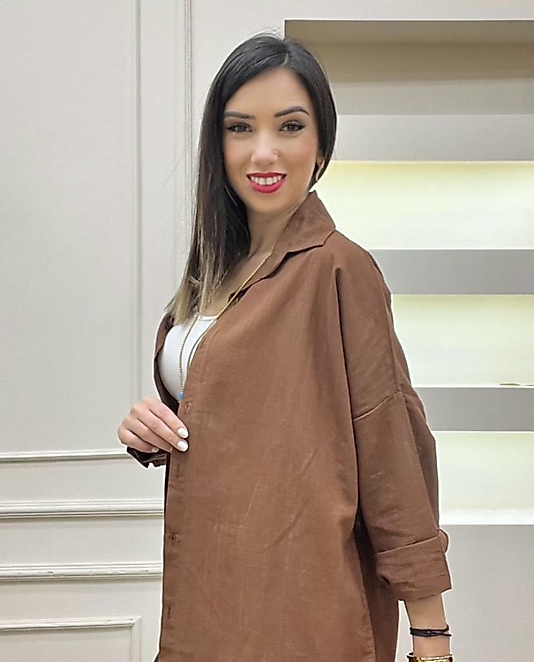 Oversize Uzun Keten Gömlek Kahverengi