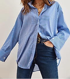 Zra Muadil Oversize Çizgili Gömlek Mavi