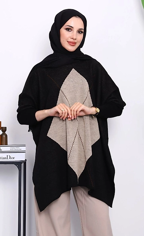 Oversize,Baklava Desen,Standart Beden Panço Kazak Siyah