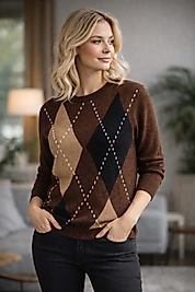 Oversize,Baklava Desen,Standart Beden Krem Kahve Kazak