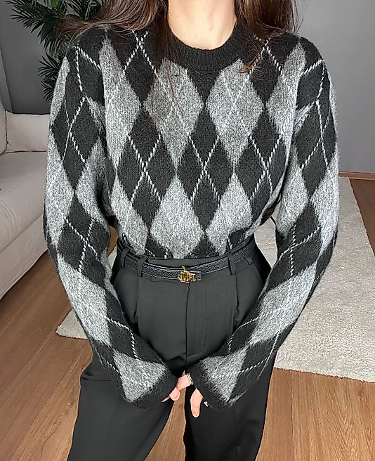 Kazak Triko Baklava Desen Gri Siyah