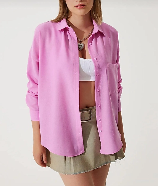 Oversize Uzun Keten Gömlek Pembe