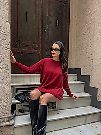 Oversize ,Yumuşak Standart Beden Bordo Kazak