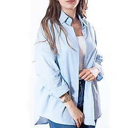 Oversize Uzun Keten Standart Beden Gömlek Mavi