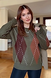 Baklava Desenli Standart Beden Uzun Kazak Haki