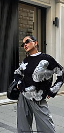 Şık Tasarım Desenli Örgü Kazak - Siyah