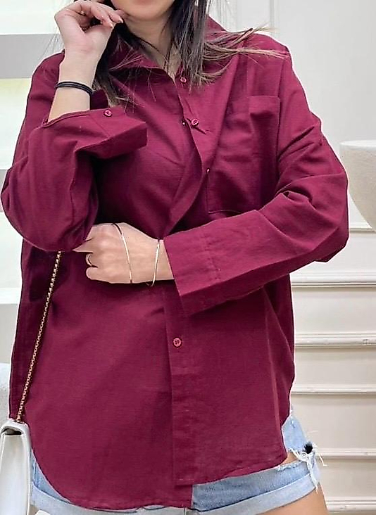Oversize Uzun Keten Gömlek Bordo