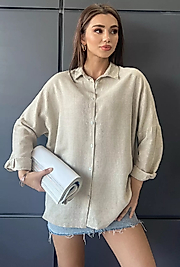 Oversize Geniş Kalıp Uzun Arkası Çıft Pens Gömlek Taş Rengi