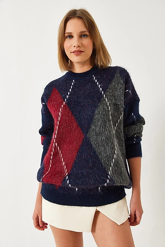 Oversize,Baklava Desen,Standart Beden Panço Kazak Lacivert