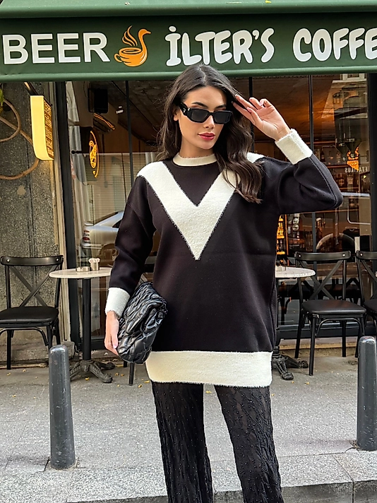 Kazak Triko Etnik Desen Siyah