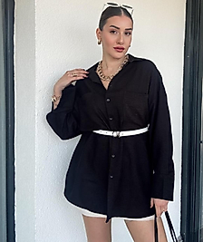 Çift Cep Double Kol Keten Gömlek SİYAH