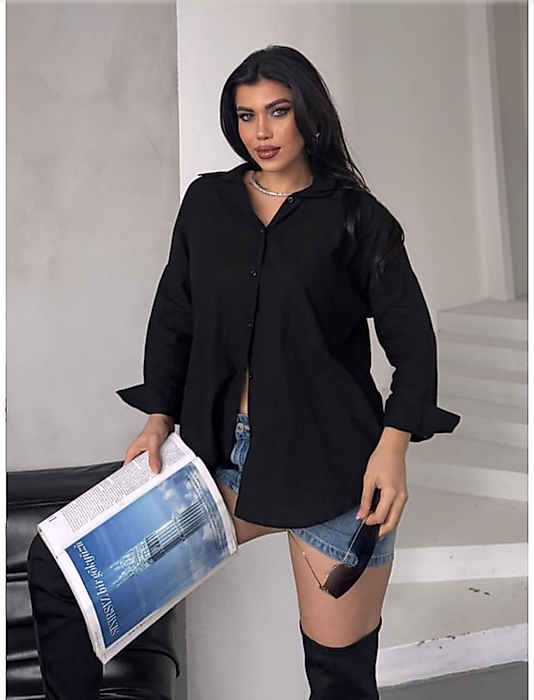 Oversize Uzun Keten Gömlek Siyah