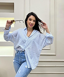 Zara Muadil Oversize Uzun Çizgili Gömlek Mavi