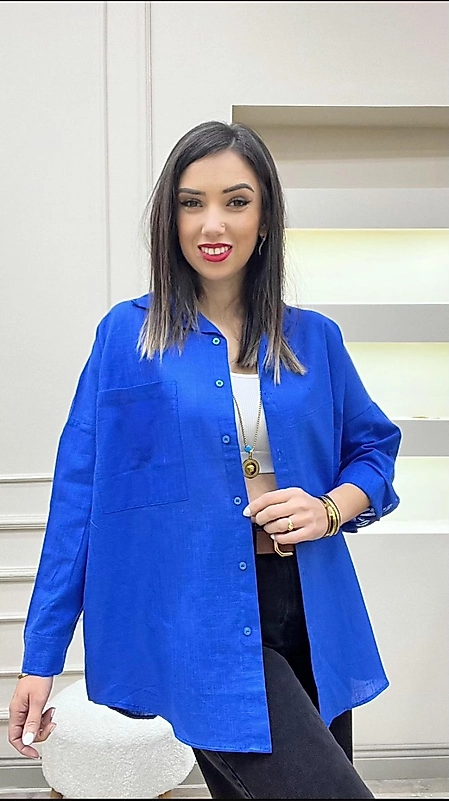 Oversize Uzun Keten Gömlek Mavi