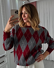 Baklava Desenli Trend Kazak Bordo Gri