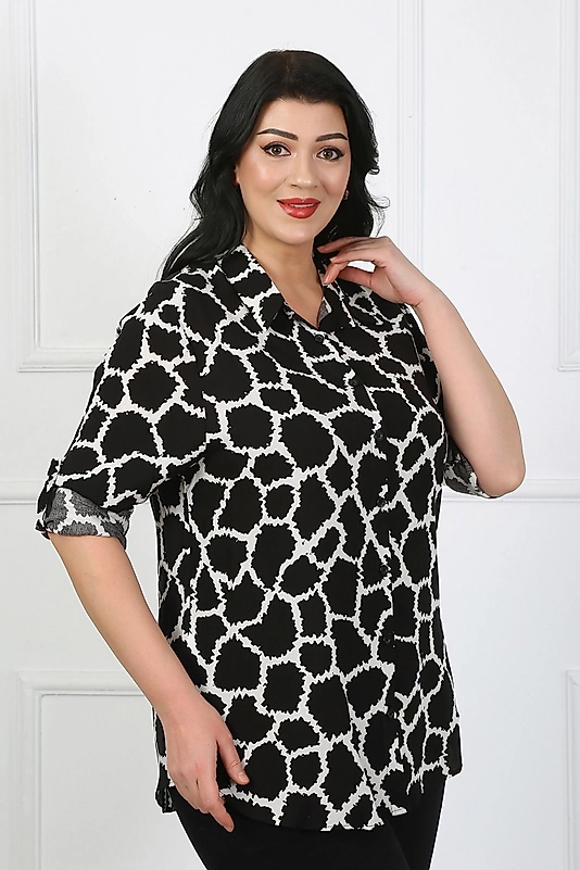 Büyük Beden Viskon Dokuma Gömlek Siyah Desenli (56 -64 )