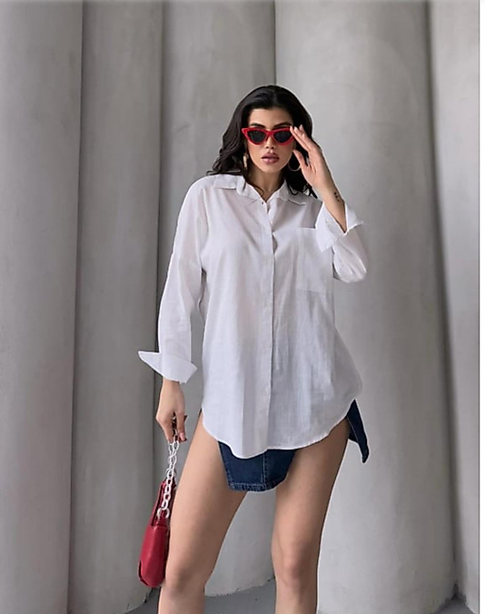 Oversize Uzun Keten Gömlek Beyaz