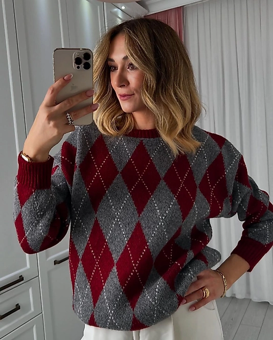 Baklava Desenli Trend Kazak Bordo Gri