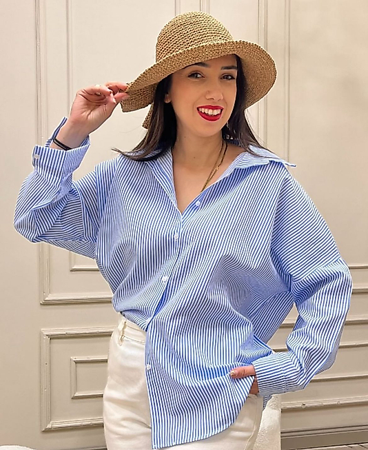 Zara Muadil Oversize Uzun Çizgili Gömlek Mavi