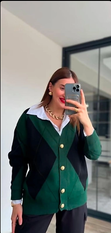 Baklava Desenli Uzun Hırka Yeşil