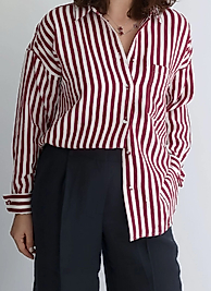 Zara Muadil Oversize Bordo Çizgili Gömlek