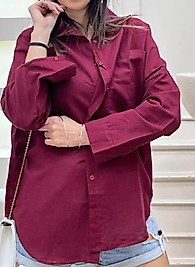 Oversize Uzun Keten Gömlek Bordo