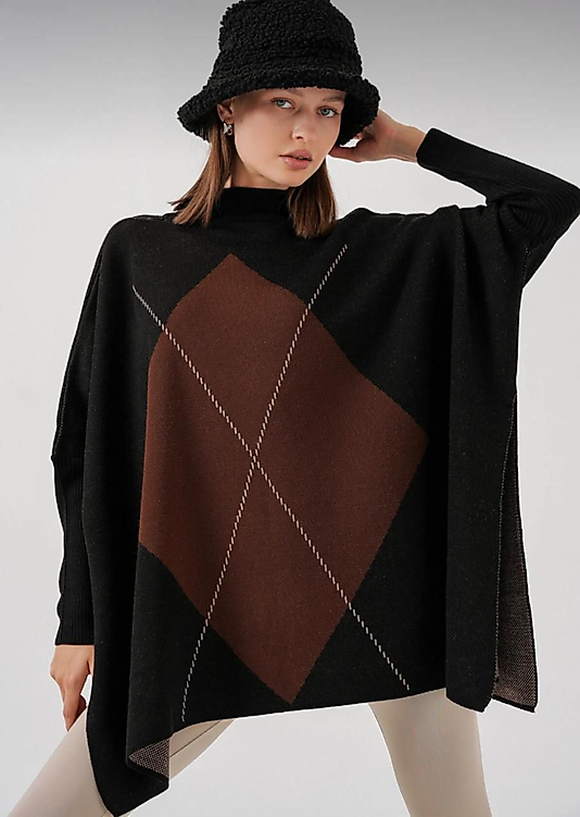 Oversize,Baklava Desen,Standart Beden Panço Kazak Kahve