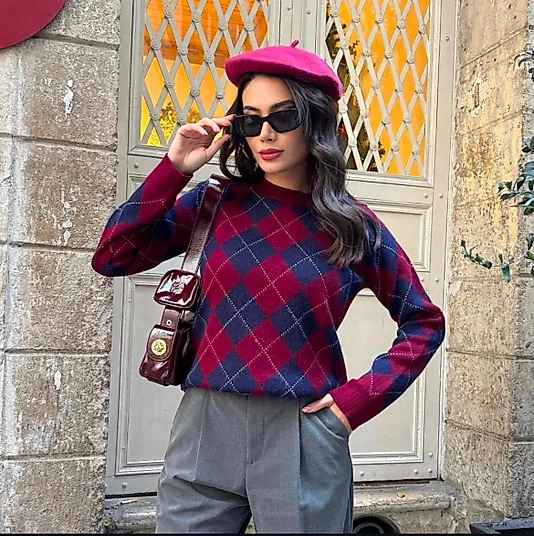 Kazak Triko Baklava Desen Bordo (Dar kalıp 36-40 beden Arası)