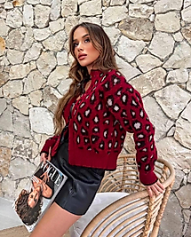 Bordo Leopar Desen Hırka