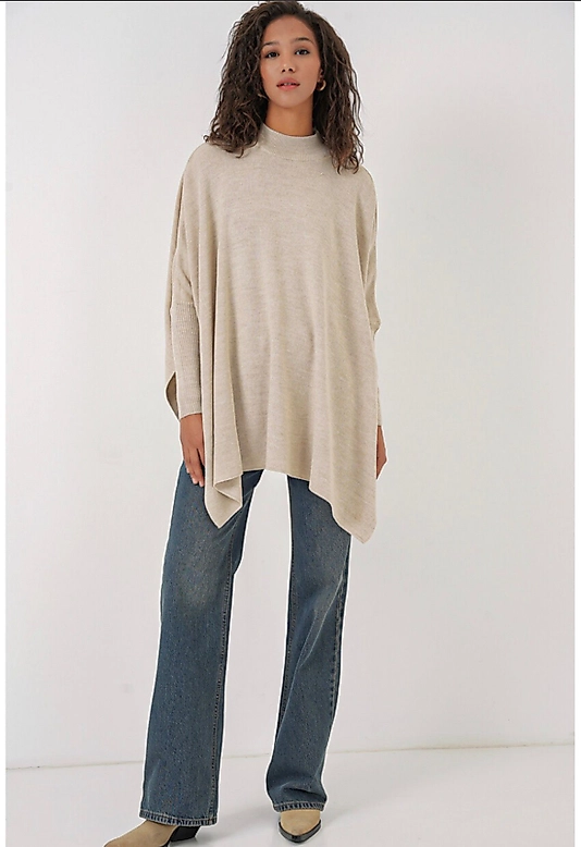 Oversize, Düz ,Standart Beden Panço Kazak Krem