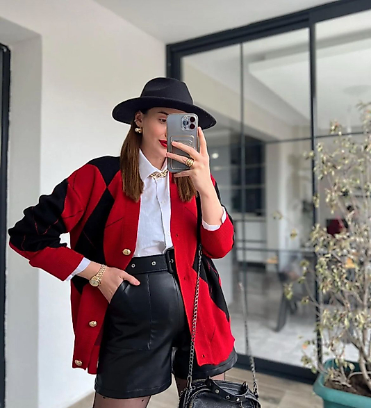 Baklava Desenli Uzun Hırka Kırmızı