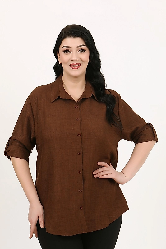 Büyük Beden Keten Gömlek (56 -64 ) Beden Kahverengi