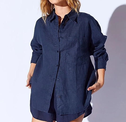 Oversize Uzun Keten Gömlek Lacivert