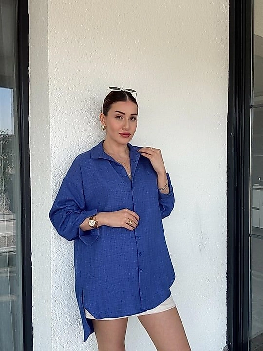 Oversize Geniş Kalıp Uzun Gömlek Mavi