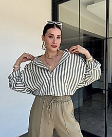 Marka Muadil Oversize Çizli Gömlek Yeşil