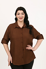 Büyük Beden Keten Gömlek (56 -64 ) Beden Kahverengi