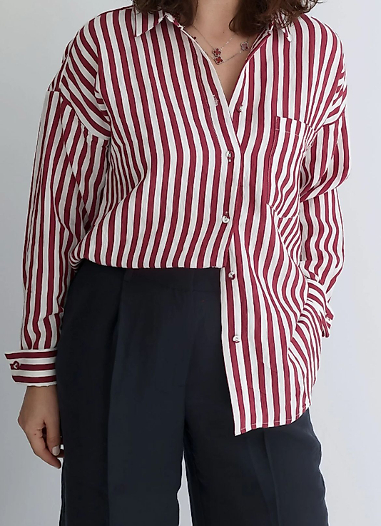 Zara Muadil Oversize Bordo Çizgili Gömlek