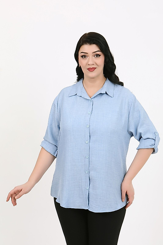 Büyük Beden Keten Gömlek (56 -64 ) Beden Açık Mavi