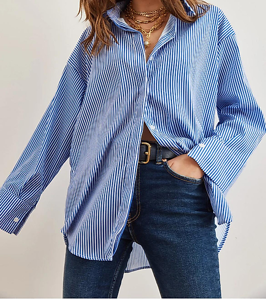 Zra Muadil Oversize Çizgili Gömlek Mavi