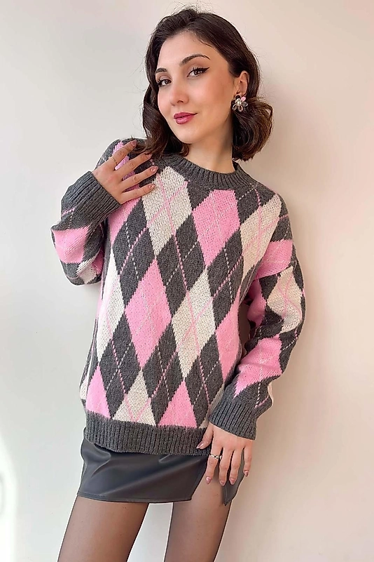 Baklava Desen Triko Kazak Gri Pembe