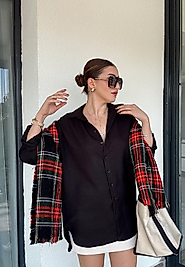 Oversize Geniş Kalıp Keten 2 cepli  Uzun Gömlek Siyah