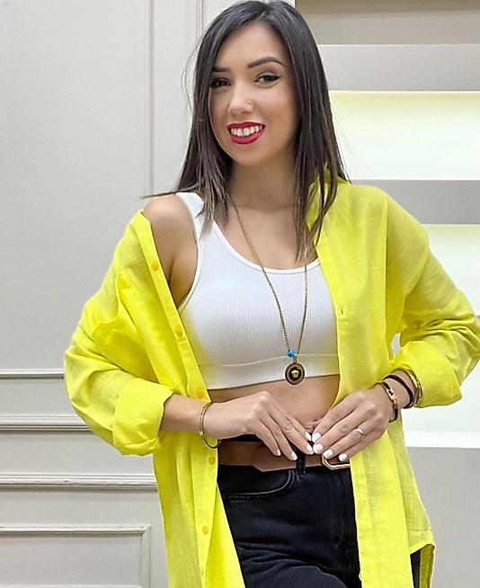 Oversize Standart Beden Keten Gömlek Sarı