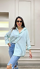 Zra Muadil Oversize Uzun Çizgili Gömlek Yeşil