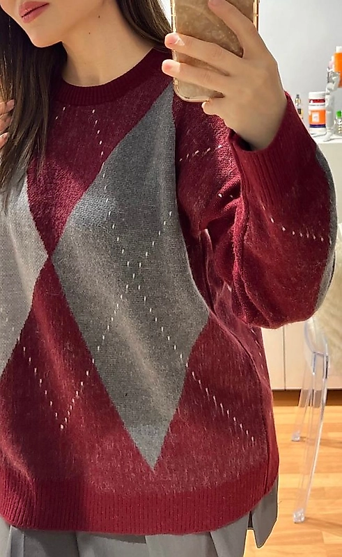 Kazak Triko Baklava Desen Bordo Gri