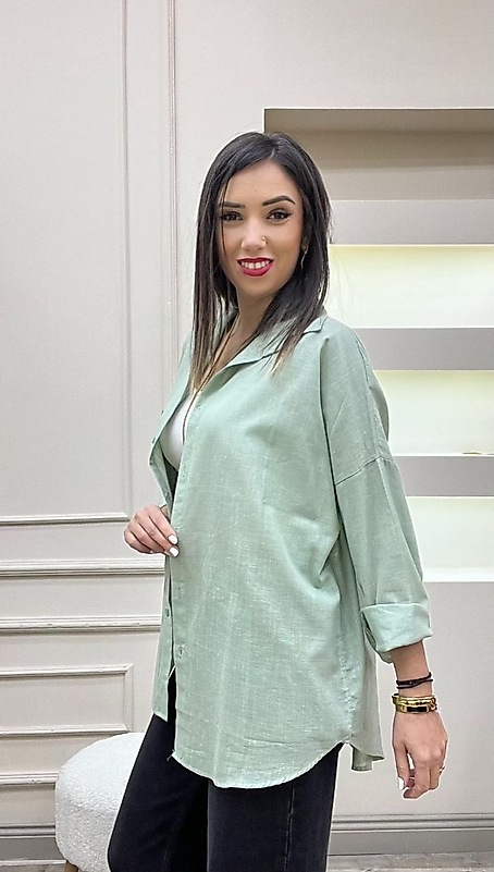Oversize Uzun Keten Gömlek Yeşil