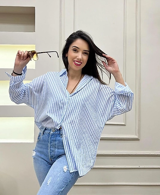 Zara Muadil Oversize Uzun Çizgili Gömlek Mavi