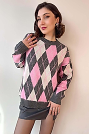 Baklava Desen Triko Kazak Gri Pembe